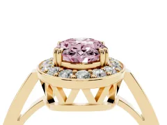Fancy Pink Oval Cut Diamond Halo Ring Set in Yellow gold with Accent-Lined Split Shank and Prong Setting