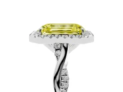 Fancy Yellow Emerald Cut Diamond Halo Twist Band Solitaire Ring Set in White gold with Prong Setting