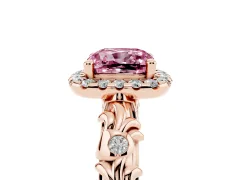 Fancy Pink Cushion Cut Diamond Halo Ring Set in Rose gold with Filigree Leaf Band and Prong Setting