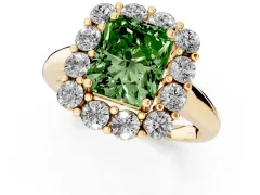 Fancy Green Radiant Cut Diamond Halo Cluster Engagement Ring Set in Yellow gold with Polished Band and Prong Setting