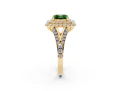 Fancy Green Asscher Cut Diamond Double Halo Ring Set in Yellow gold with Pavé Split Shank and Prong Setting