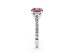 Fancy Pink Asscher Cut Diamond Solitaire Ring Set in Platinum with Brilliant Pavé Band and Prong Setting