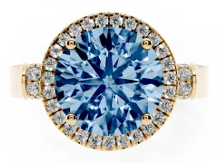 Fancy Blue Round Cut Diamond Halo Ring Set in Yellow gold with Pavé-Lined Split Shank Band