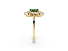 Fancy Green Emerald Cut Diamond Floral Double Halo Ring Set in Yellow gold with Round Petals