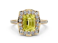 Fancy Yellow Emerald Cut Diamond Halo Ring Set in Yellow gold with Pavé-Lined Shoulders and Prong Setting