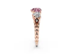 Fancy Pink Heart Cut Diamond Three-Stone Ring Set in Rose gold with Braided Band