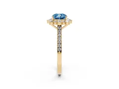 Fancy Blue Cushion Cut Diamond Halo Ring Set in Yellow gold with Pavé Band and Prong Setting