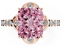 Fancy Pink Radiant Cut Diamond Solitaire Ring Set in Rose gold with Pavé Band and Floral Prong Setting