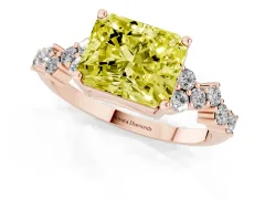 Fancy Yellow Radiant Cut Diamond Ring Set in Rose gold with Scattered Round Accents