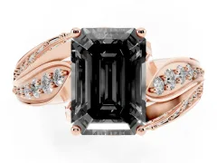 Fancy Black Emerald Cut Diamond Solitaire Ring Set in Rose gold with Layered Twist Pavé Band