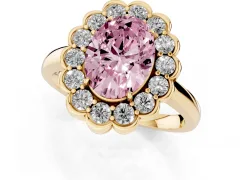 Fancy Pink Oval Cut Diamond Halo Cluster Engagement Ring Set in Yellow gold with Solitaire Band and Prong Setting