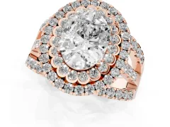 Oval Cut Diamond Double Halo Ring Set in Rose gold with Round Pavé Split Shank