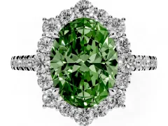 Fancy Green Oval Cut Diamond Halo Ring Set in White gold with Pavé Band and Prong Setting