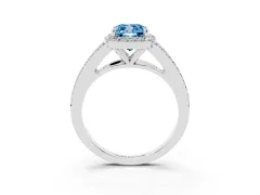 Fancy Blue Cushion Cut Diamond Halo Split Shank Pavé Ring Set in Silver with Prong Setting