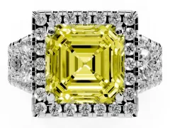 Fancy Yellow Asscher Cut Diamond Halo Split Shank Ring Set in Platinum with Round Accent Stones and Prong Setting