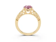 Fancy Pink Round Cut Diamond Halo Ring Set in Yellow gold with Channel Set Band and Prong Setting