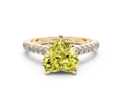 Fancy Yellow Heart Cut Diamond Solitaire Ring Set in Yellow gold with Brilliant Pavé Band and Prong Setting
