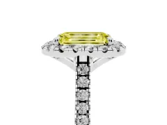 Fancy Yellow Emerald Cut Diamond Cushion Halo Ring Set in Platinum with Pavé Band