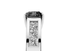 Fancy Black Cushion Cut Diamond Solitaire Ring Set in Platinum with Channel-Set Accent Stones and Prong Setting