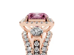 Fancy Pink Asscher Cut Diamond Halo Split Shank Ring Set in Rose gold with Round Accent Stones and Prong Setting