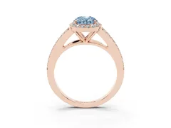 Fancy Blue Oval Cut Diamond Halo Split Shank Pavé Ring Set in Rose gold with Prong Setting
