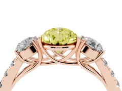 Fancy Yellow Pear Cut Diamond Three-Stone Ring Set in Rose gold with Round Side Stones and Delicate Pavé Band