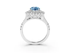Fancy Blue Round Cut Diamond Double Halo Ring Set in Silver with Pavé Split Shank and Prong Setting