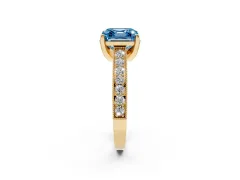 Fancy Blue Asscher Cut Diamond Solitaire Ring Set in Yellow gold with Milgrain-Edged Pavé Band and Prong Setting