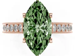 Fancy Green Marquise Cut Diamond Solitaire Ring Set in Rose gold with Milgrain-Edged Pavé Band and Prong Setting