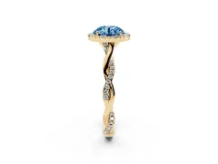 Fancy Blue Round Cut Diamond Halo Twist Band Solitaire Ring Set in Yellow gold with Prong Setting