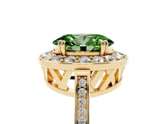 Fancy Green Oval Cut Diamond Halo Ring Set in Yellow gold with Accent-Lined Split Shank and Prong Setting