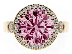 Fancy Pink Round Cut Diamond Halo Ring Set in Yellow gold with Pavé-Lined Split Shank Band