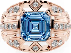 Fancy Blue Asscher Cut Diamond Art Deco Ring Set in Rose gold with Pavé Split Shank
