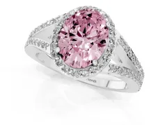 Fancy Pink Oval Cut Diamond Halo Split Shank Pavé Ring Set in Platinum with Prong Setting