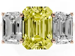Fancy Yellow Emerald Cut Diamond Three-Stone Ring Set in Rose gold with Plain Polished Band