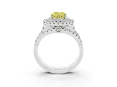 Fancy Yellow Oval Cut Diamond Double Halo Ring Set in White gold with Round Pavé Split Shank