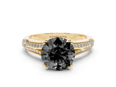 Fancy Black Round Cut Diamond Split Shank Pavé Engagement Ring Set in Yellow gold with Prong-Set Center Stone