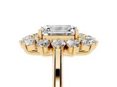 Emerald Cut Diamond Floral Double Halo Ring Set in Yellow gold with Round Petals