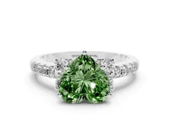 Fancy Green Heart Cut Diamond Three-Stone Pavé Ring Set in Platinum with Prong Setting