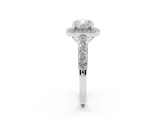 Cushion Cut Diamond Milgrain Halo Solitaire Ring Set in White gold with Bezel Set Side Stones and Pavé Band