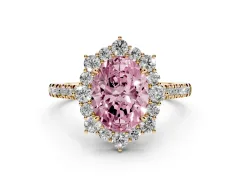 Fancy Pink Oval Cut Diamond Halo Ring Set in Yellow gold with Pavé Band and Prong Setting