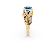 Fancy Blue Asscher Cut Diamond Leaf-Inspired Engagement Ring Set in Yellow gold with Round Accents