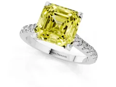 Fancy Yellow Asscher Cut Diamond Solitaire Ring Set in Platinum with Brilliant Pavé Band and Prong Setting