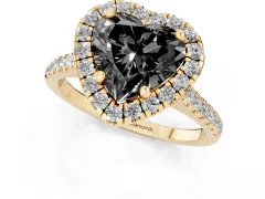 Fancy Black Heart Cut Diamond Cushion Halo Ring Set in Yellow gold with Pavé Band