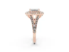 Emerald Cut Diamond Double Halo Ring Set in Rose gold with Pavé Split Shank and Prong Setting