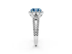 Fancy Blue Asscher Cut Diamond Floral Halo Split Shank Engagement Ring Set in Platinum with Pavé Shank