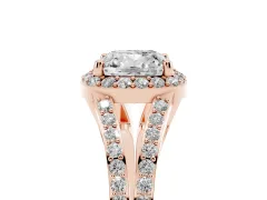 Cushion Cut Diamond Halo Split Shank Pavé Ring Set in Rose gold with Prong Setting