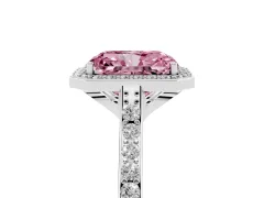 Fancy Pink Radiant Cut Diamond Halo Engagement Ring Set in White gold with Round Pavé Shoulders and Heart Gallery