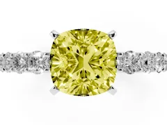 Fancy Yellow Cushion Cut Diamond Solitaire Ring Set in White gold with Shared Prong Pavé Band