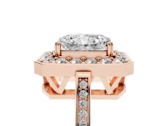 Radiant Cut Diamond Halo Ring Set in Rose gold with Accent-Lined Split Shank and Prong Setting